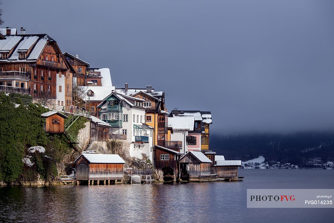 Typical houses on stilts in Hallstatt, the small village on the lake, Unesco heritage from 1997