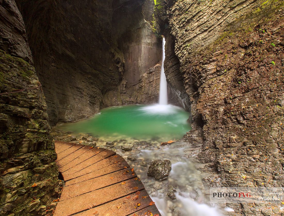 The emerald waterfall of Veliki Kozjak in Caporetto (Kobarid), Slovenia