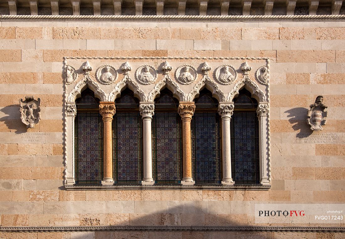 Detail of the ''Loggia del Lionello'', the public building in Venetian Gothic style located in'' Freedom Square'' in the historical center of Udine