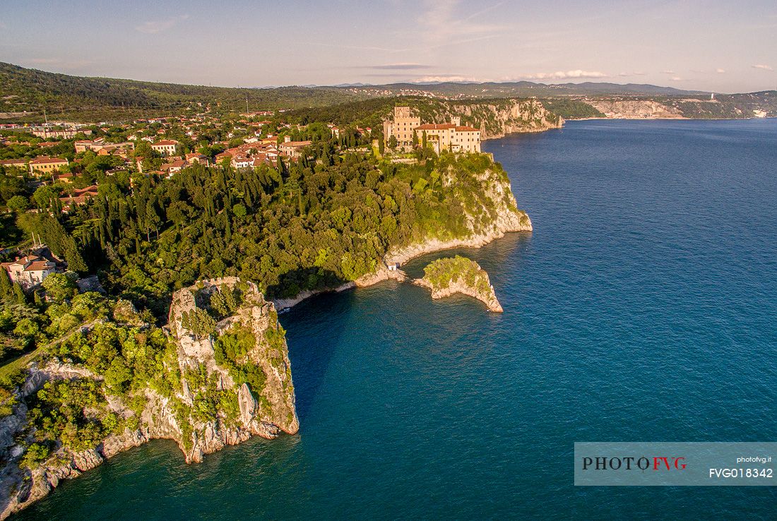 Aerial view of the new and the old Duino Castle in Trieste