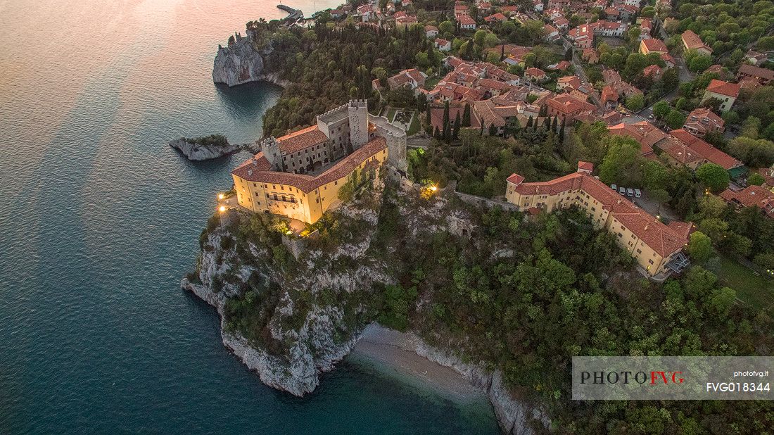 Aerial view of the old and the new Duino Castle in Trieste