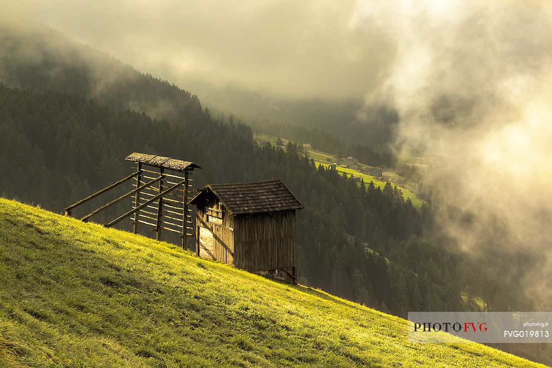 Barn and arfa on meadow of Sesto, Pusteria valley, Italy