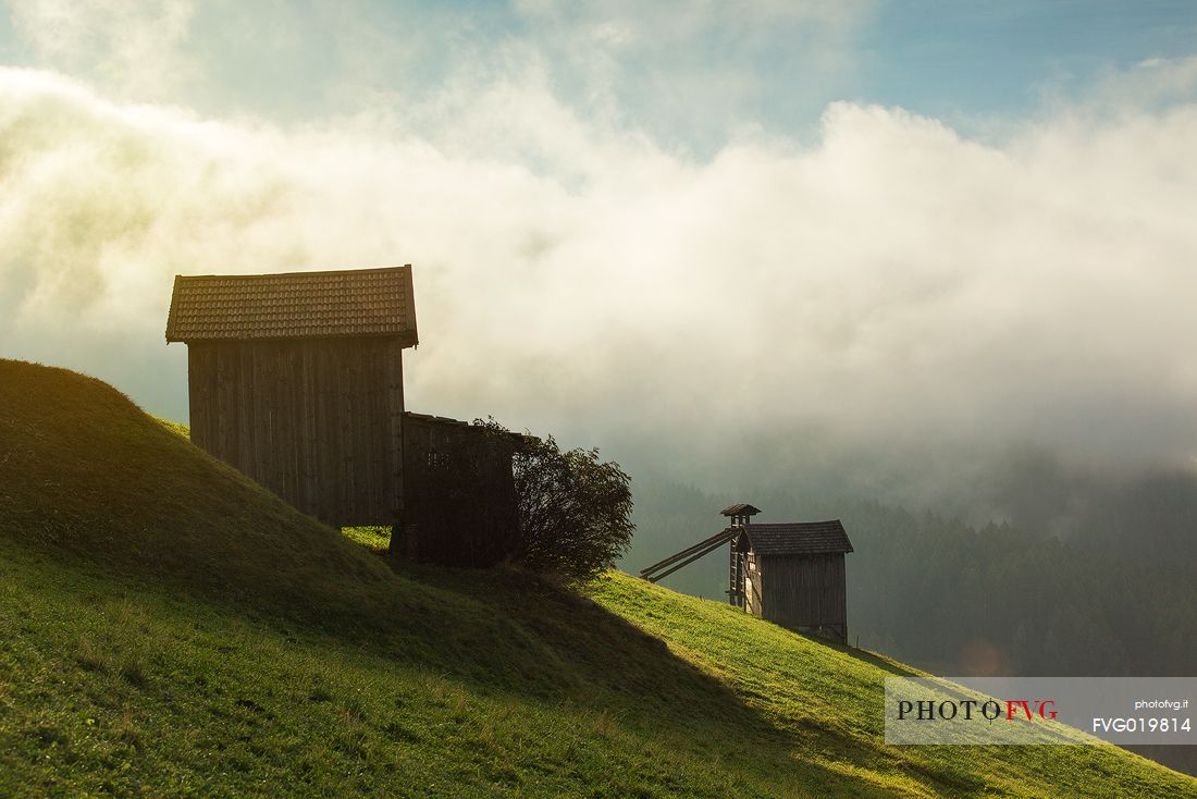 Barns on meadows of Sesto, Pusteria valley, dolomites, Italy