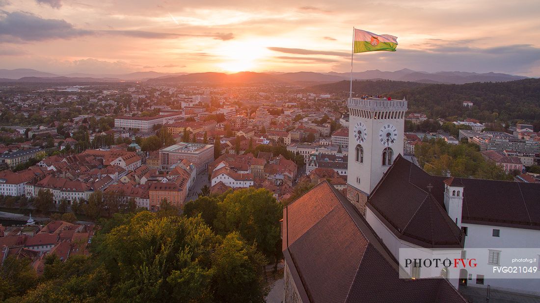 Aerial view of the castle and the city of Lubiana at the sunset, Slovenia, Europe