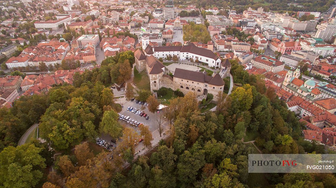 Aerial view of the castle and the city of Lubiana Slovenia, Europe