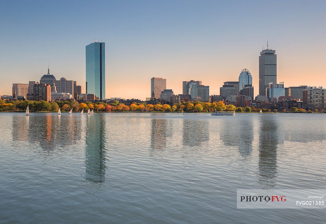 The Boston skyscrapers, including the famous John Hancock Tower and the Prudential from Longfellow Bridge over Charles river, New Egland,USA