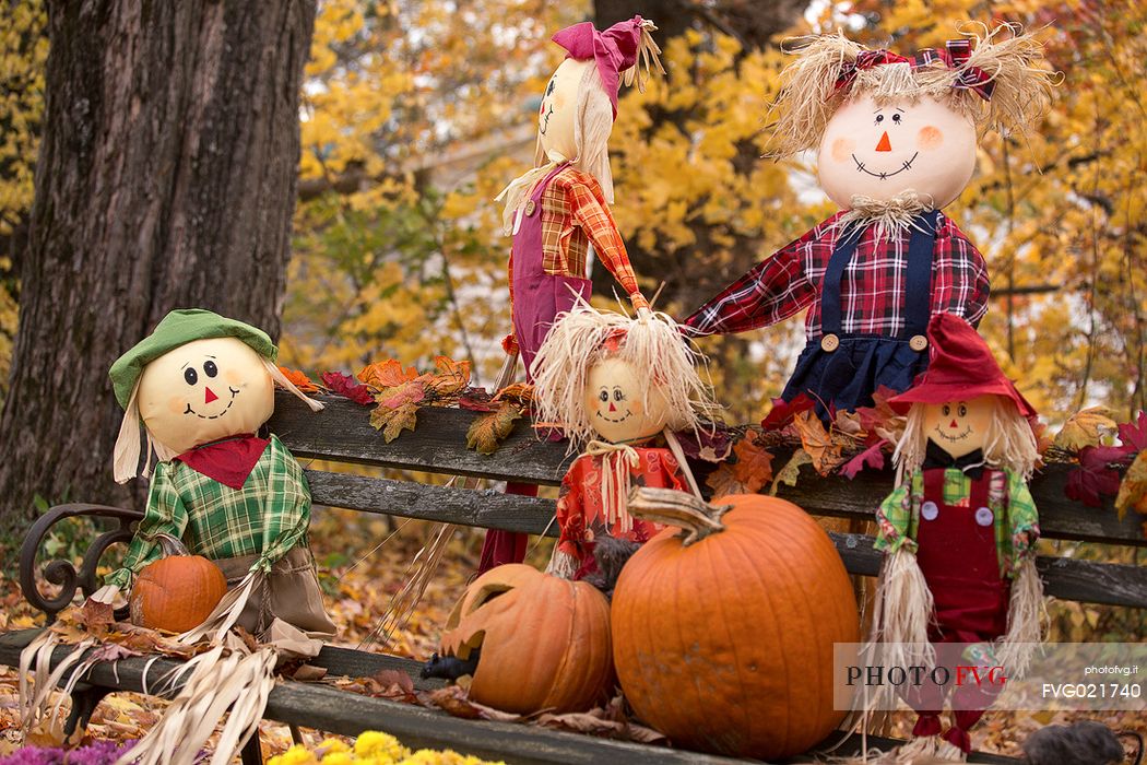 Fall decor with rag dolls and pumpkins at halloween time, Vermont, New England, USA