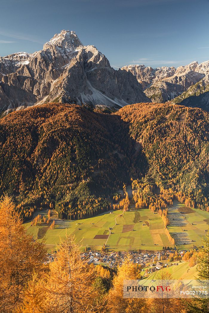 The village of Sesto with Sesto Dolomites (Tre Scarperi Mount) on background from Elmo Mount 