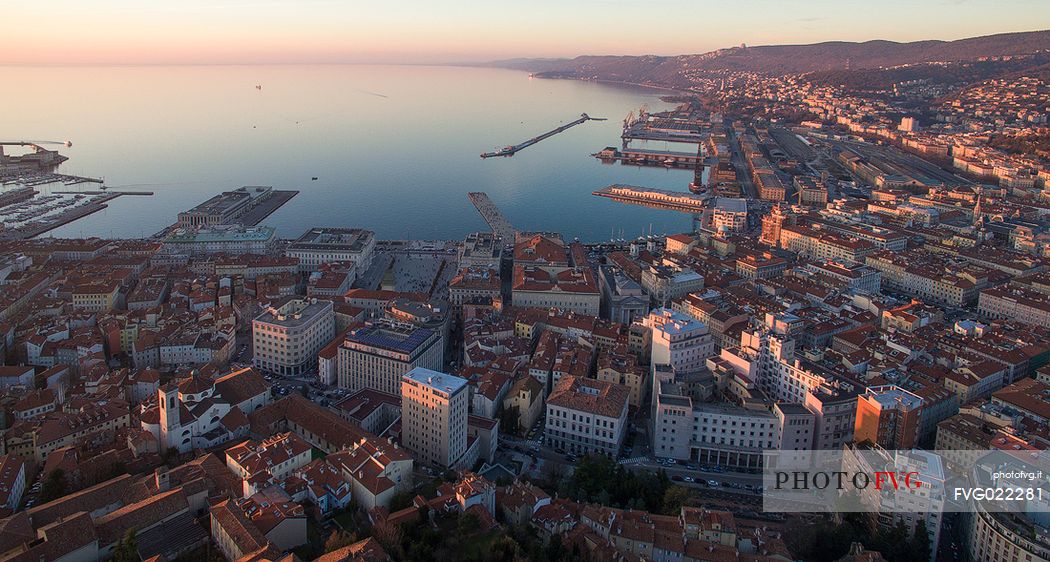 View from above of Trieste at sunset, Italy