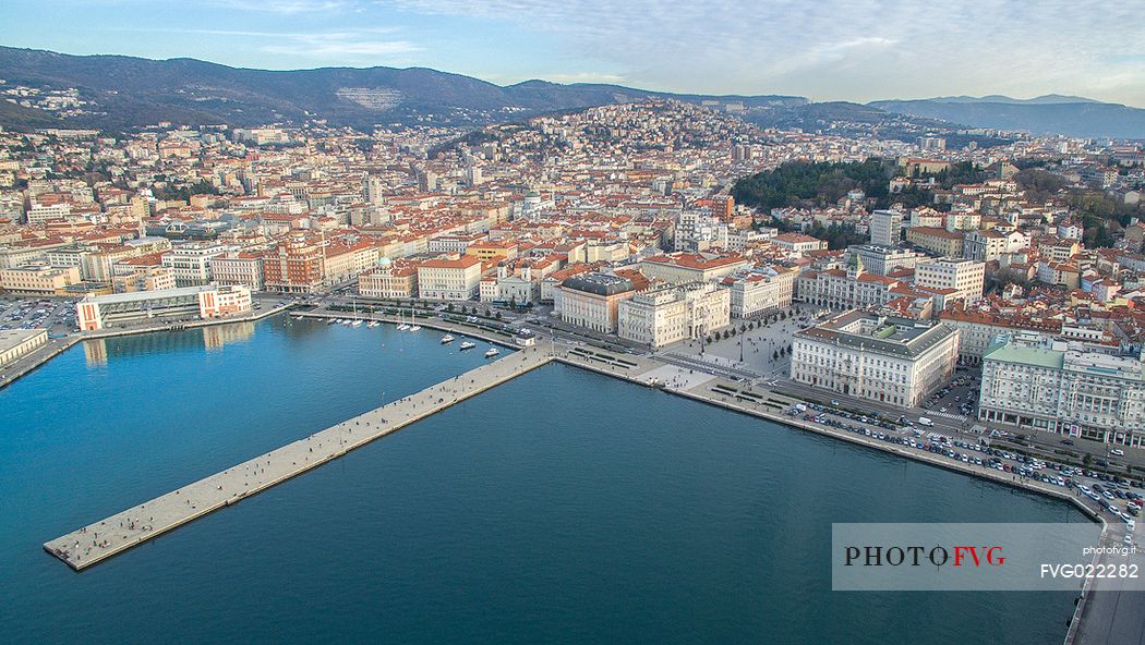 View from above of Trieste city and Piazza Unit d'Italia squaret, Italy
