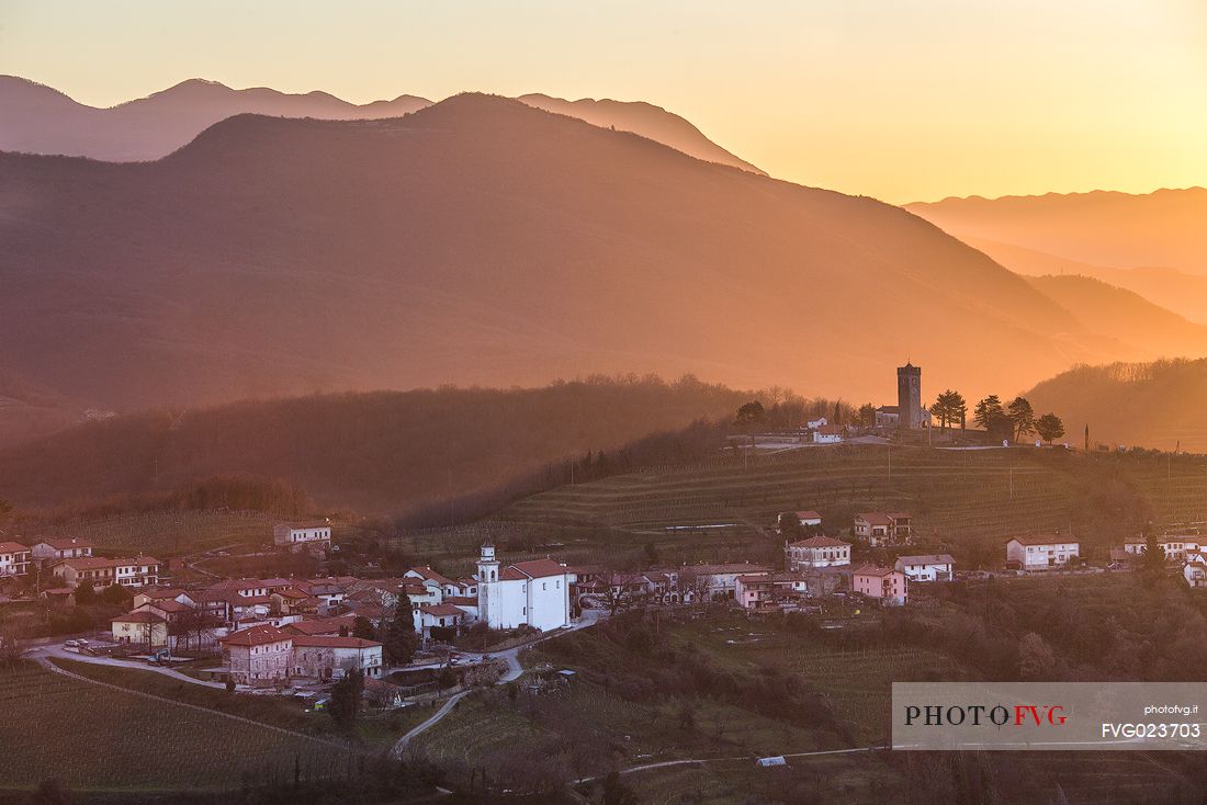Sunrise at the village of Kojsko located in the central part of the Slovene Collio, Brda wine road, Slovenia