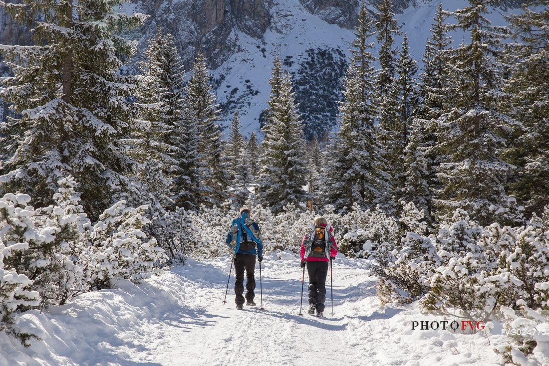 Trekkers along the path to Fondo Valle refuge in the Tre Cime di Lavaredo Natural Park, Sesto, Italy