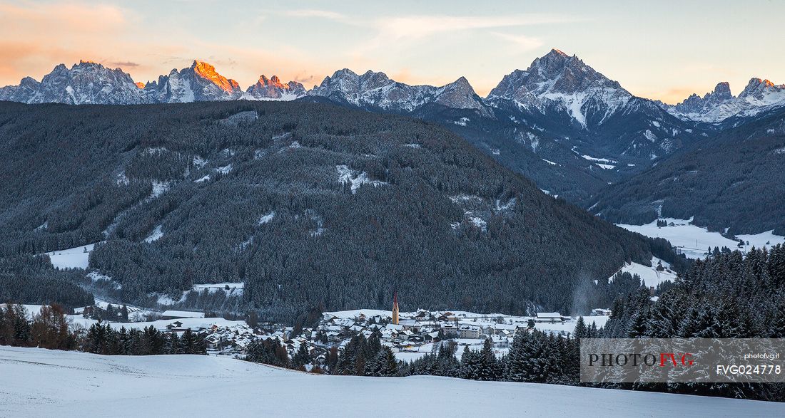 Panoramic view from Rasun di Sotto towards Monguelfo and Tesido with the  Dolomites on background, Pusteria valley, Italy