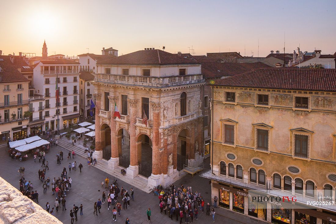 View of Piazza dei Signori with the Palace of the Capitaniato from the Palladian Basilica's terrace at sunset, Vicenza, Italy