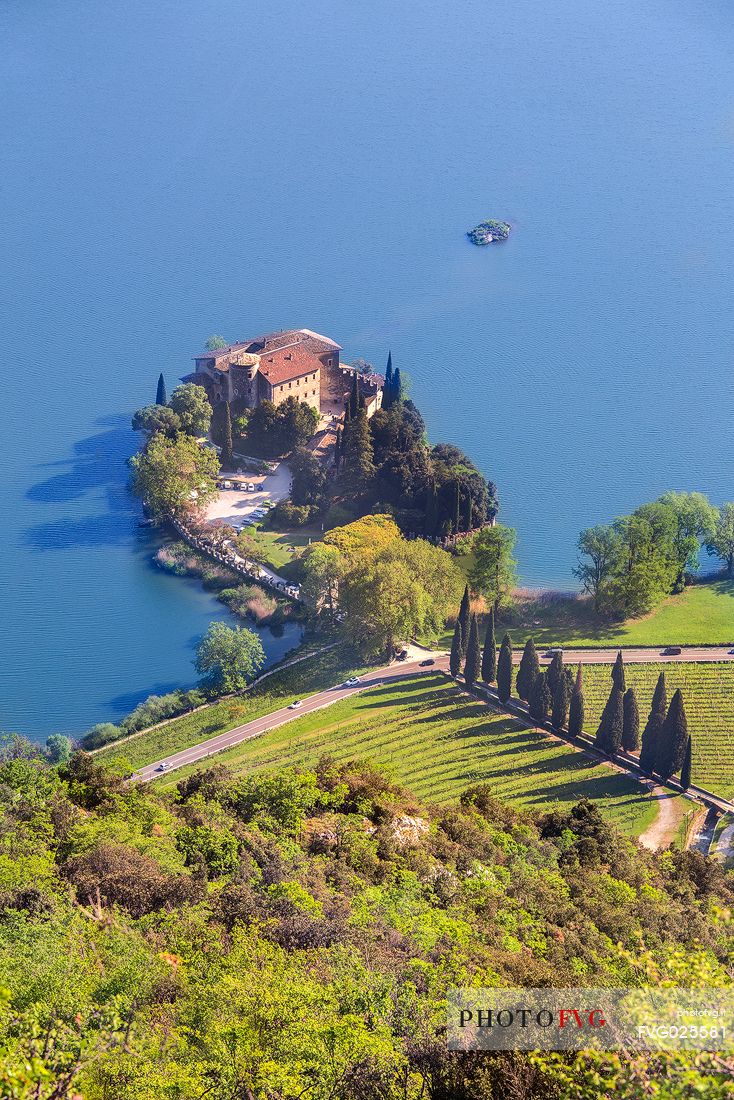 The Toblino Castle and the same lake seen from above, Valley of the Lakes, Trentino, Italy