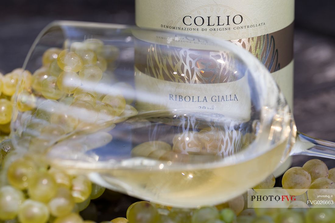 Bottle and glass of Ribolla Gialla wine in the historic cellar Russiz Superiore by Roberto Felluga, Capriva del Friuli, Friuli Venezia Giulia, Italy