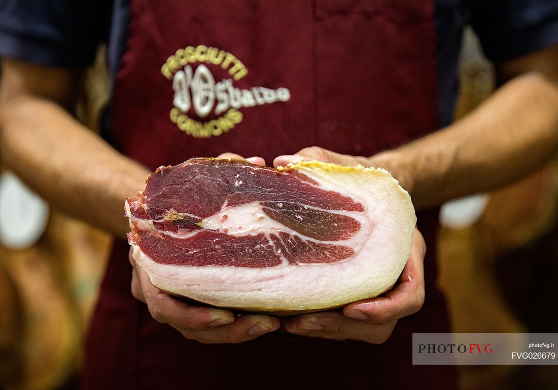 Piece of ham of the historic ham company d'Osvaldo in Cormons, Friuli Venezia Giulia, Italy