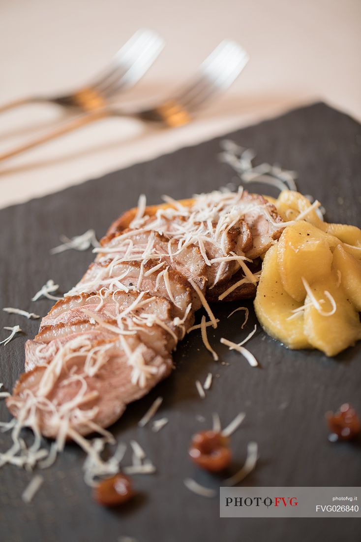 Goose breast with cren and apple served at the starred restaurant La Subida Trattoria al Cacciatore in Cormons, Friuli Venezia Giulia, Italy