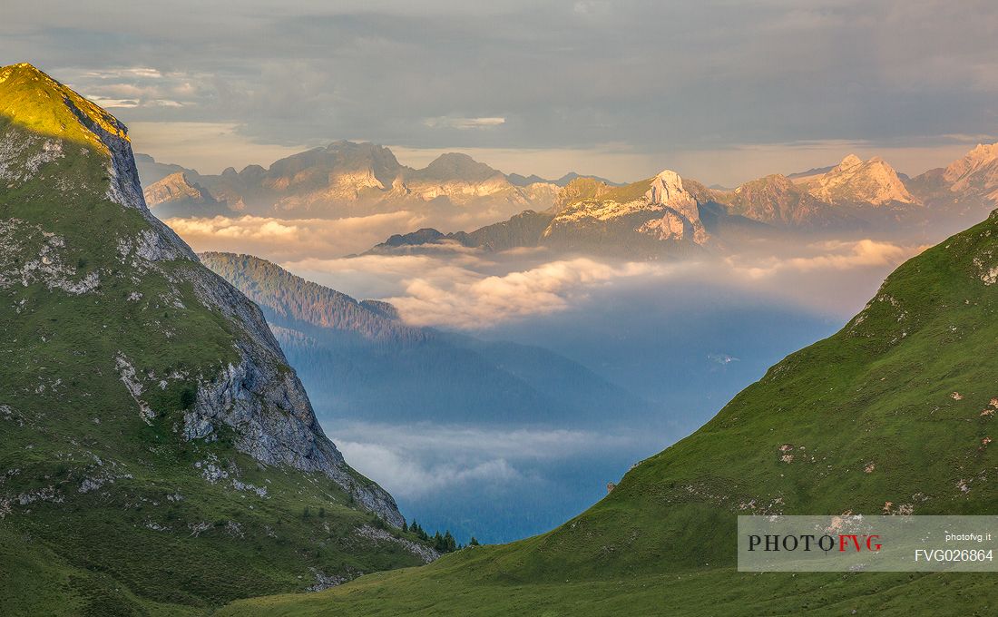 Panoramic view from Mondeval to the Sella mountain group, Dolomites, Alto Agordino, Italy