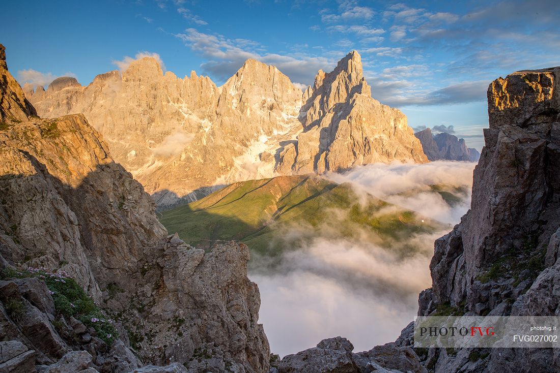 The northern chain of the Pale di San Martino over a cloud of clouds photographed from the top of the path of Cristo Pensante, Dolomites, San Martino di Castrozza, Italy