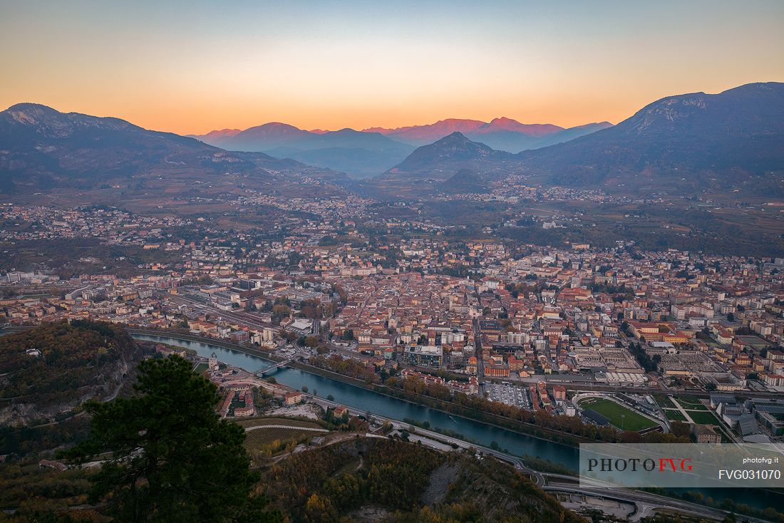 Top view of the city of Trento from the hamlet of Sardagna at twilight, Trento, Trentino Alto Adige, Italy