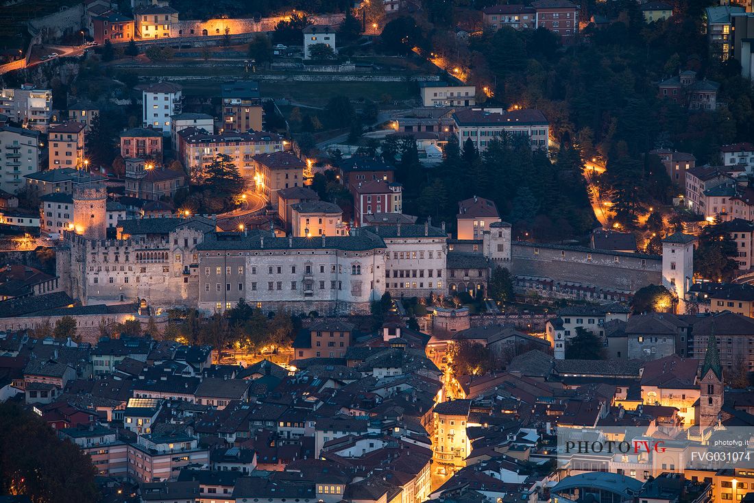Overhead view of Buonconsiglio castle at twilight, Trento, Trentino Alto Adige, Italy