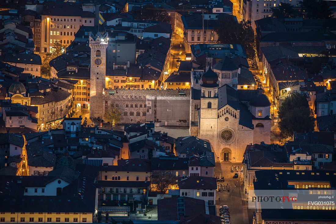Night view of Piazza Duomo with the Civic Tower and the cathedral of San Vigilio from above, Trento, Trentino Alto Adige, Italy