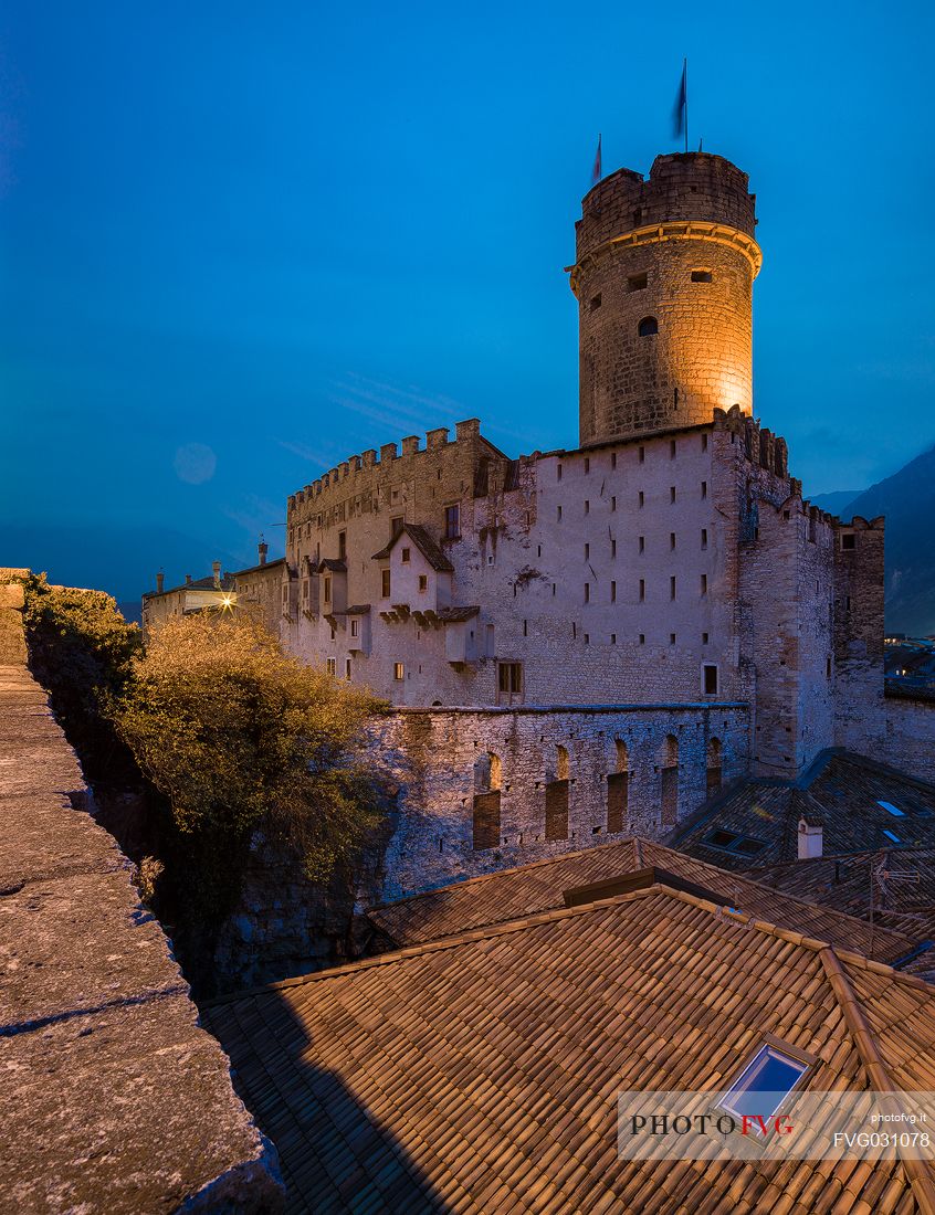 The castle of Buoncosiglio illuminated in the night time, Trento, Trentino Alto Adige, Italy
