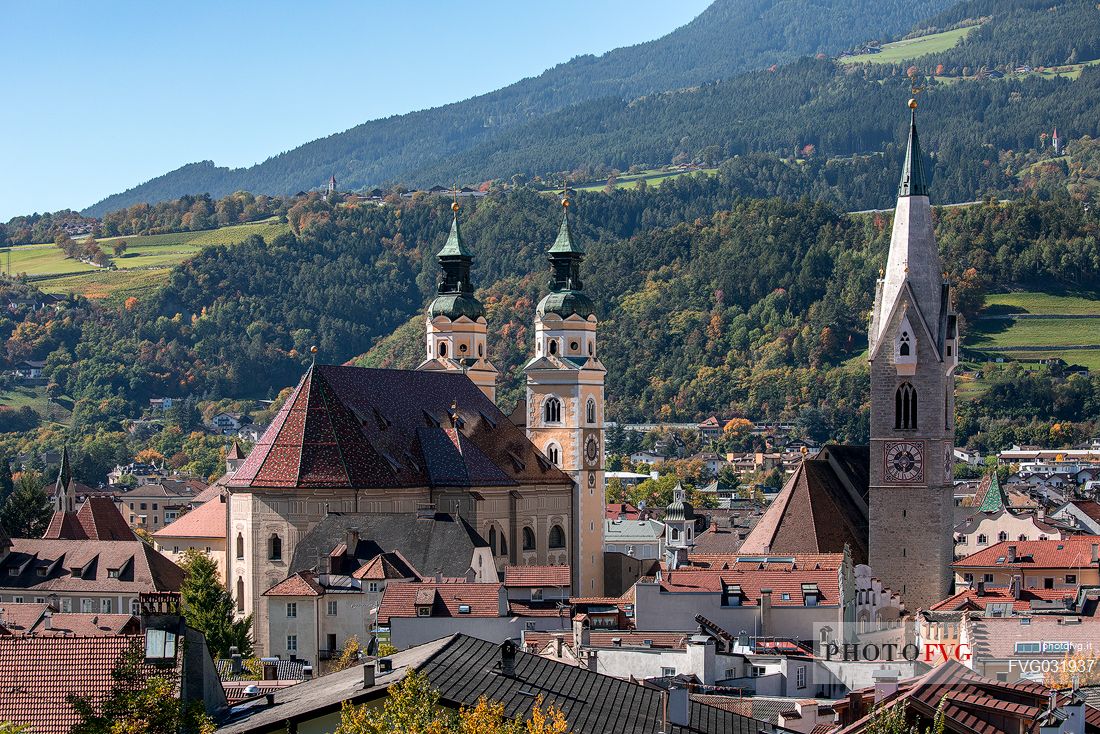 View from above of the City of Bressanone with Cathedral and bell tower of San Michele Arcangelo Church, Isarco valley, Trentino Alto Adige, Italy, Europe