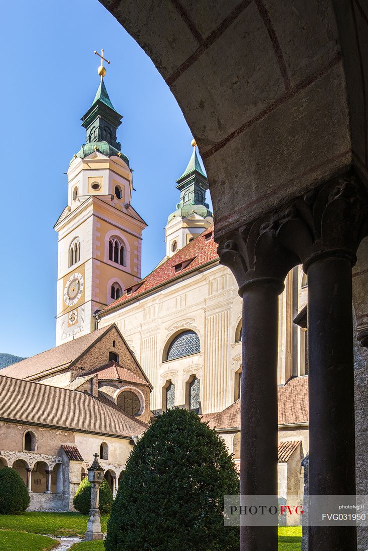 The cathedral of Bressanone seen from the arcades of the cloister, Bressanone, Isarco valley, Trentino Alto Adige, Italy, Europe