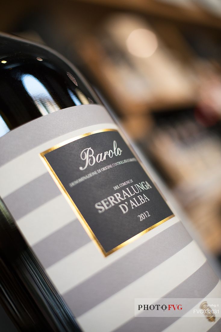 Bottle of Barolo wine from the historic winery Casa E. of Mirafiore e Fontanafredda, Serralunga d'Alba, Langhe, Piedmont, Italy, Europe
