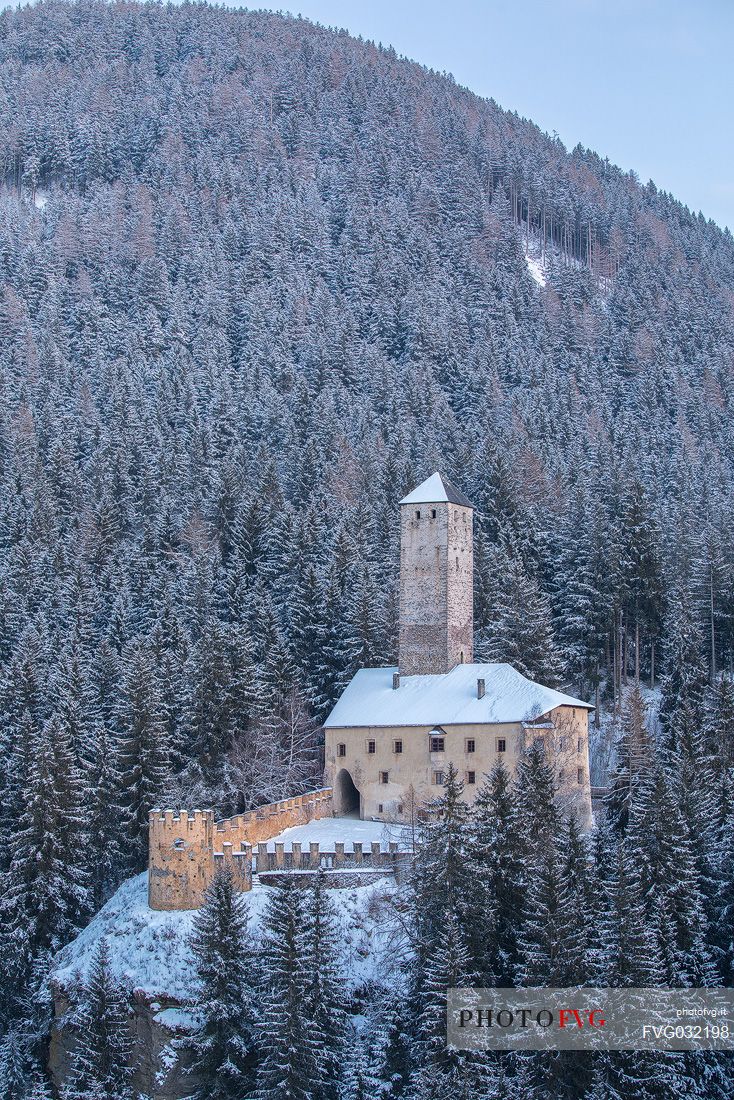 The Monguelfo castle in winter time, Pusteria valley, Trentino Alto Adige, Italy, Europe