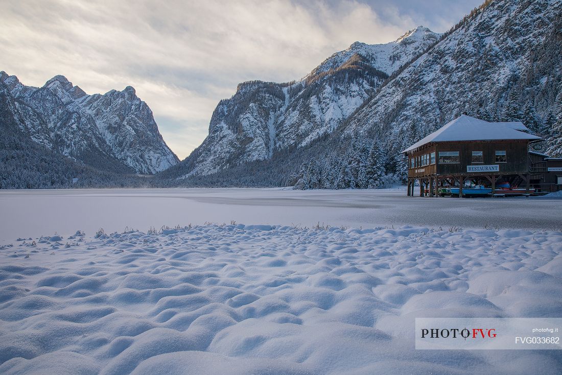 The Dobbiaco lake after an intensive snowfall, Dobbiaco, Pusteria valley, Trentino Alto Adige, Italy, Europe