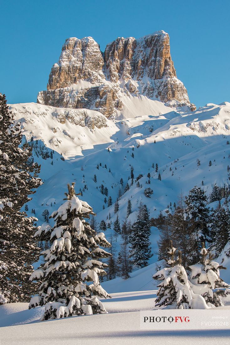 Monte Averau immersed in the winter landscape of Passo Falzarego pass, Cortina d'Ampezzo, dolomites, Veneto, Italy, Europe