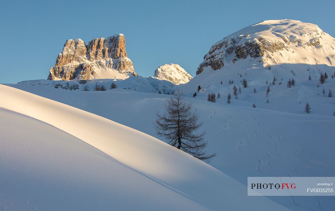 Mount Averau and ski traces in the fresh snow, Passo Falzarego pass, Cortina d'Ampezzo, dolomites, Veneto, Italy, Europe