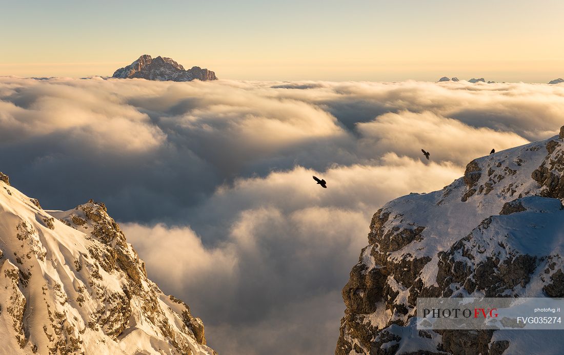 Sea of clouds from the Lagazuoi refuge, on background the Civetta mount,Cortina d'Ampezzo, dolomites, Veneto, Italy, Europe