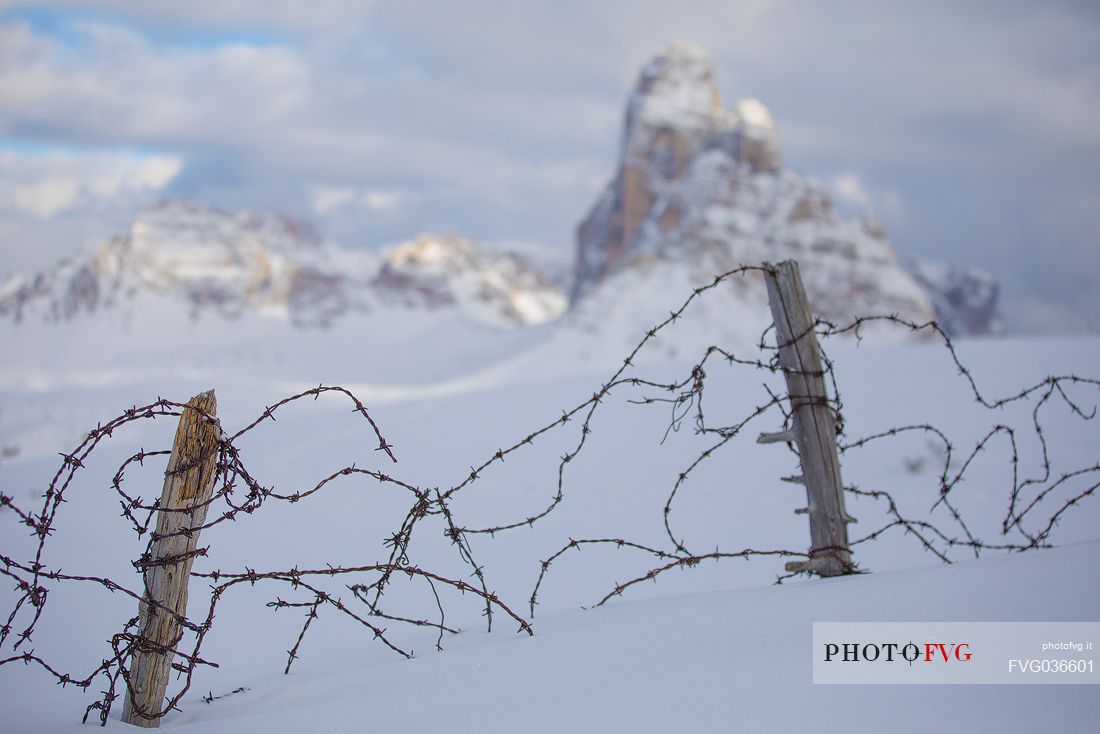 Traces of the great war from Piana Mount, on background the Tre Cime di Lavaredo and the Dolomites of Sesto, Auronzo di Cadore, Veneto, Italy Traces of the great war from Piana Mount, on background the Tre Cime di Lavaredo and the Dolomites of Sesto, Auronzo di Cadore, Veneto, Italy