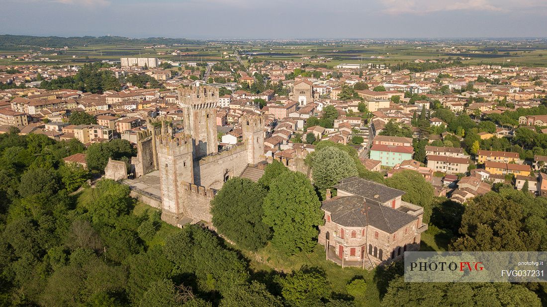 Scaligero Castle and the village of Valeggio sul Mincio from above, Veneto