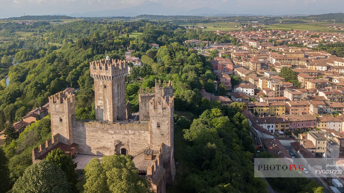 Scaligero Castle and the village of Valeggio sul Mincio from above, Veneto