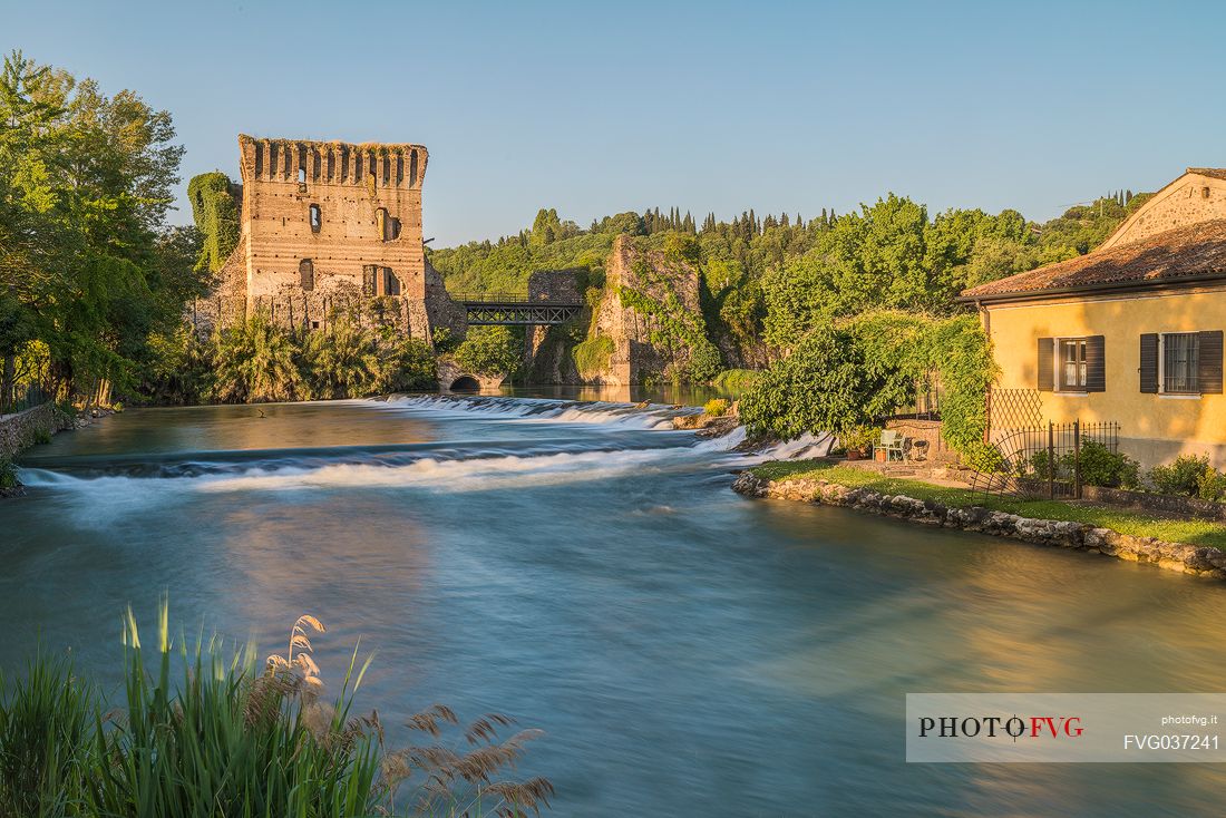 A view of the town of Borghetto, in the background the Visconteo bridge, Valeggio sul Mincio, Veneto, Italy, Europe