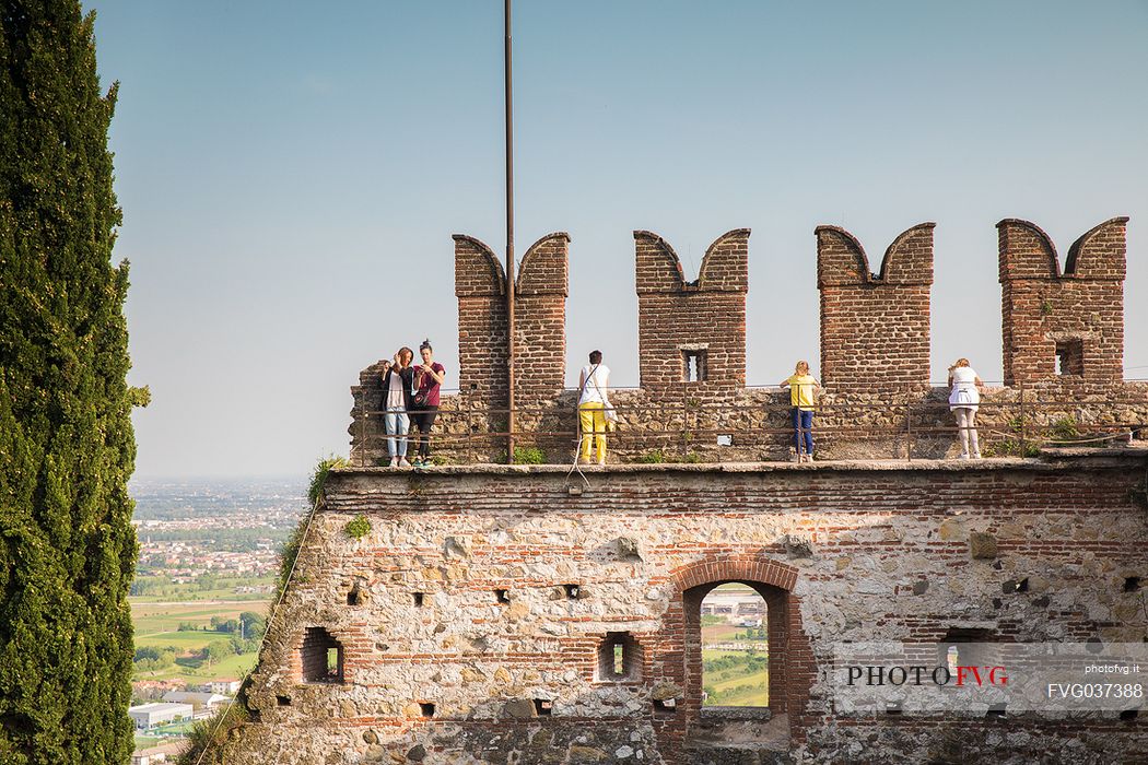 Tourists on the tower of the Upper Castle or Castello Superiore of Marostica, Veneto, Italy, Europe