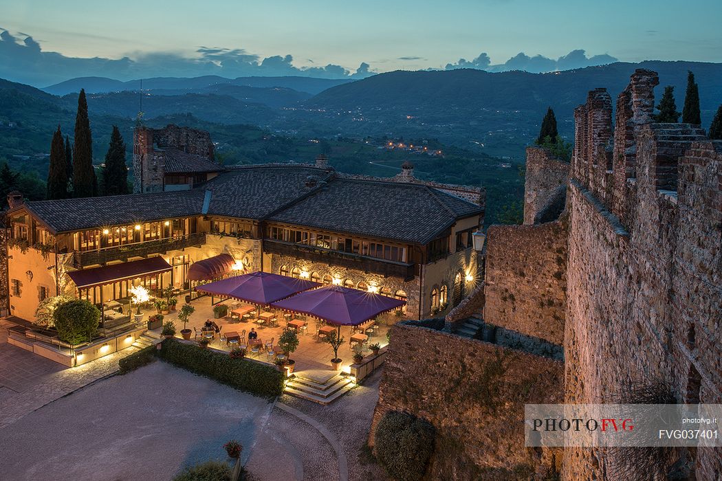 The elegant restaurant ''Al Castello Superiore'' castle of  Marostica by night, Vicenza, Veneto, Italy