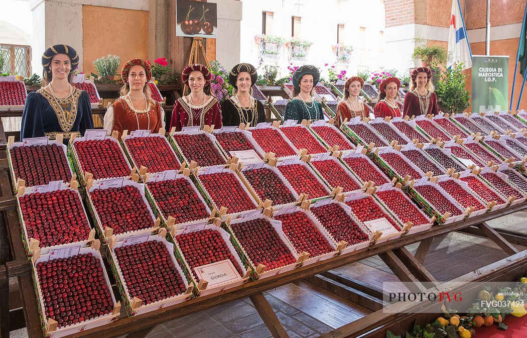 Display of cherry boxes on the Marostica cherry festival, Veneto,Vicenza, Italy