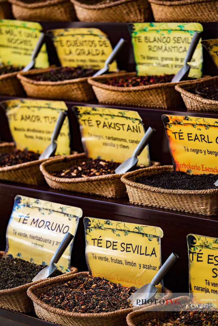 Assorted tea stall along the streets of the Barrio Santa Cruz, Seville, Spain, Europe