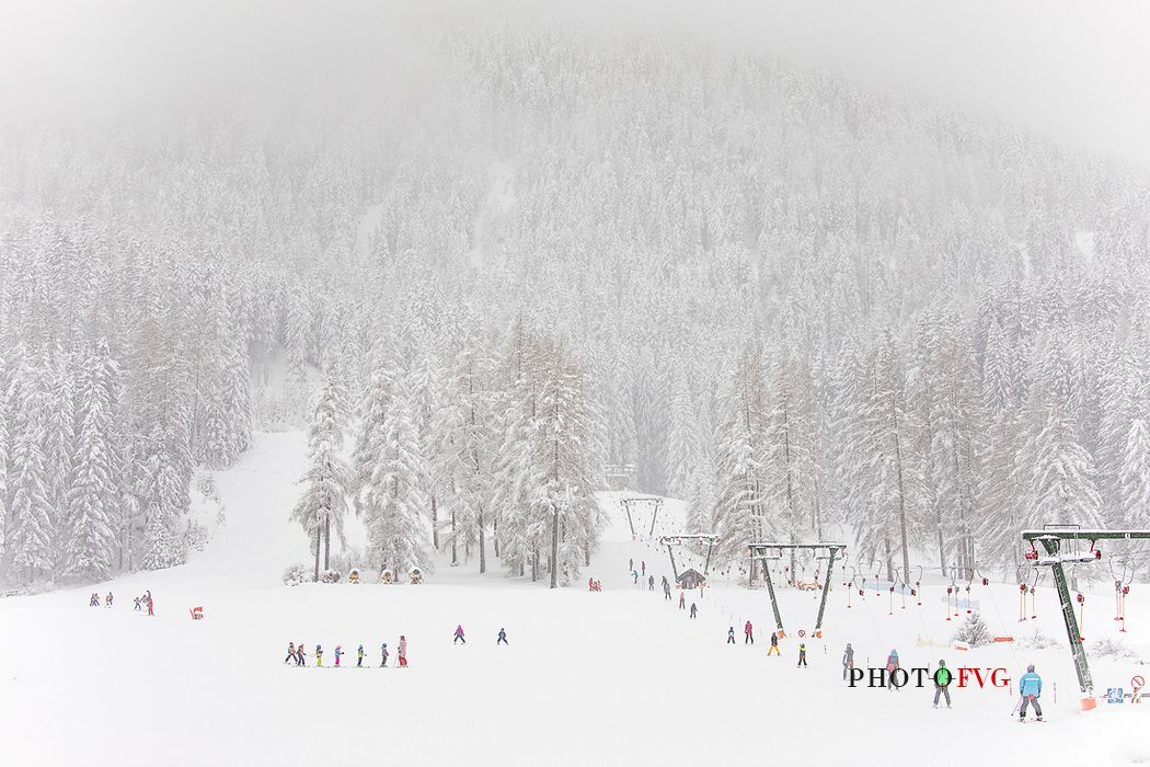 Slopes of ski for children under an intensive snowfall, Sesto, Alta Pusteria, dolomites, Trentino Alto Adige, Italy, Europe