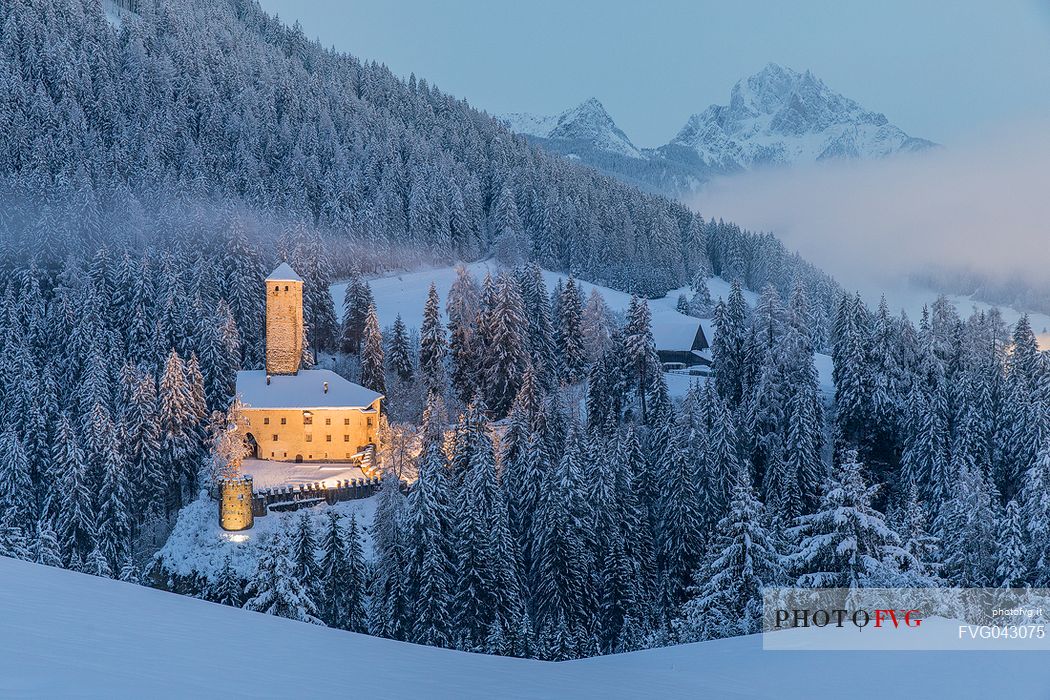 Monguelfo or Welsberg Castle in Casies valley, in the background the Picco di Vallandro mount, Pusteria Valley, South Tyrol, dolomites, Italy, Europe