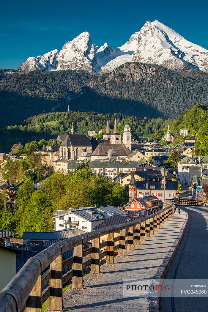 The village of Berchtesgaden located in the Baviera's Land, famous for holiday and spa resort, in the background the Watzmann Mountain, Bayern, Germany, Europe