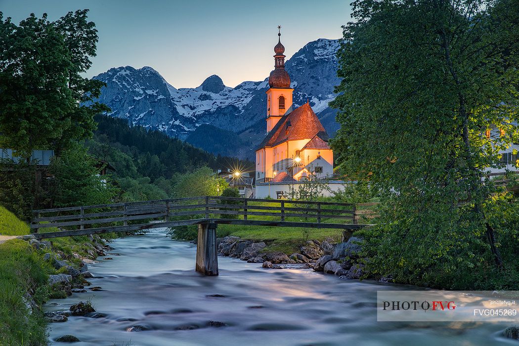Parish church towards Reiter Alpe at twilight, Ramsau, Berchtegadener Land, Bavaria, Germany, Europe