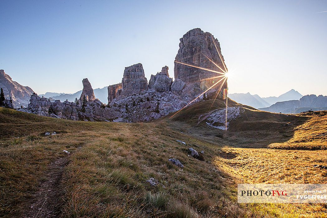 The Cinque Torri mount during the sunrise, Cortina d'Ampezzo, dolomites, Veneto, Italy, Europe