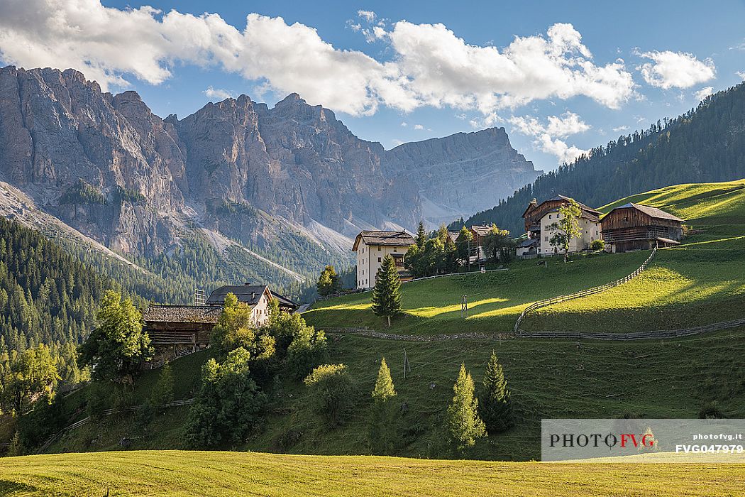 The rural village of Longiaru and in the background the Puez Odle mountain range, San Martino in Badia, Badia valley, dolomites, Trenino Alto Adige, South Tyrol, Italy, Europe